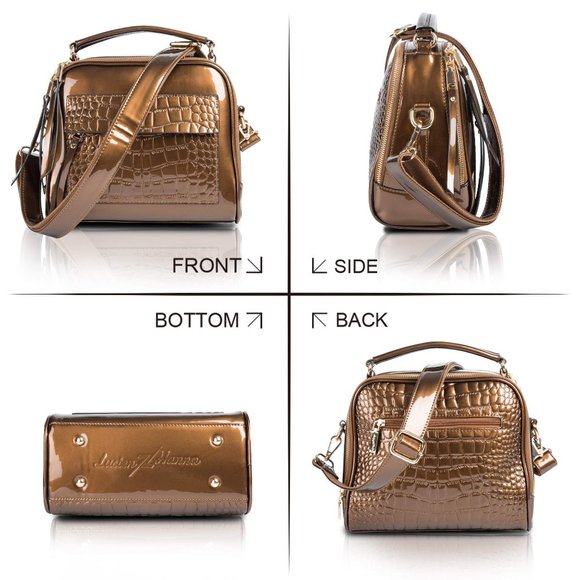 Lucien Hanna Bronze Patent Leather Crossbody Camera Work Tote Purse - Picture 6 of 16